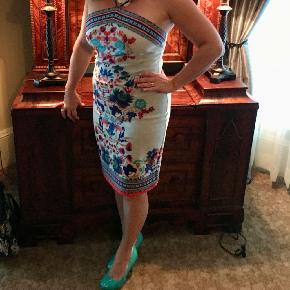 Bisou Bisou Floral Scarf Print Halter Sheath Dress Boho Chic 12